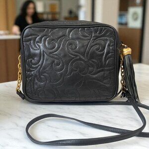 LJS Collection Black Quilted Crossbody Bag Tassel Chain Boho Chic Purse